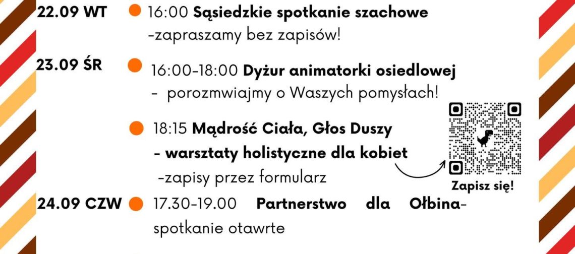 obraz tablica informacyjna białe tło na niej czarna czcionka ołbińskie centrum aktywności lokalnej wraz z opisem wydarzeń