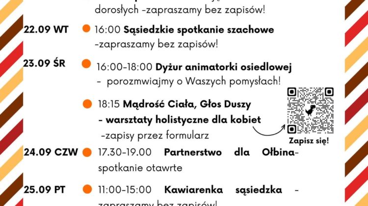 obraz tablica informacyjna białe tło na niej czarna czcionka ołbińskie centrum aktywności lokalnej wraz z opisem wydarzeń