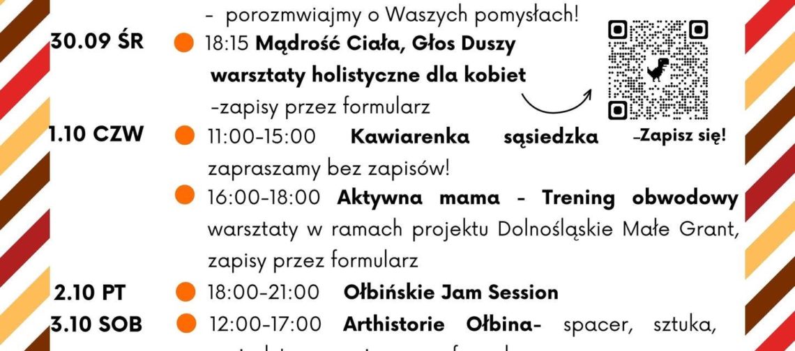 obraz tablica informacyjna białe tło na niej czarna czcionka ołbińskie centrum aktywności lokalnej wraz z opisem wydarzeń
