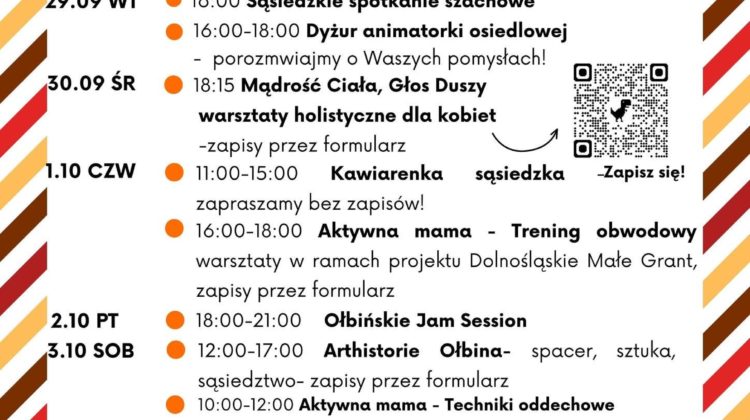 obraz tablica informacyjna białe tło na niej czarna czcionka ołbińskie centrum aktywności lokalnej wraz z opisem wydarzeń
