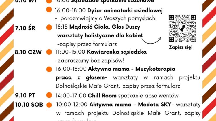 obraz tablica informacyjna białe tło na niej czarna czcionka ołbińskie centrum aktywności lokalnej wraz z opisem wydarzeń