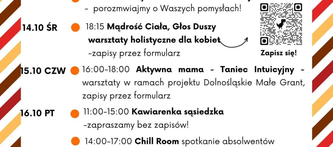 obraz tablica informacyjna białe tło na niej czarna czcionka ołbińskie centrum aktywności lokalnej wraz z opisem wydarzeń