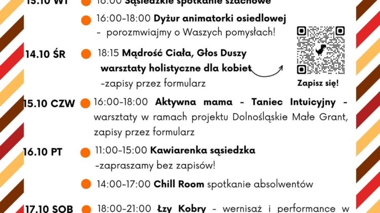 obraz tablica informacyjna białe tło na niej czarna czcionka ołbińskie centrum aktywności lokalnej wraz z opisem wydarzeń