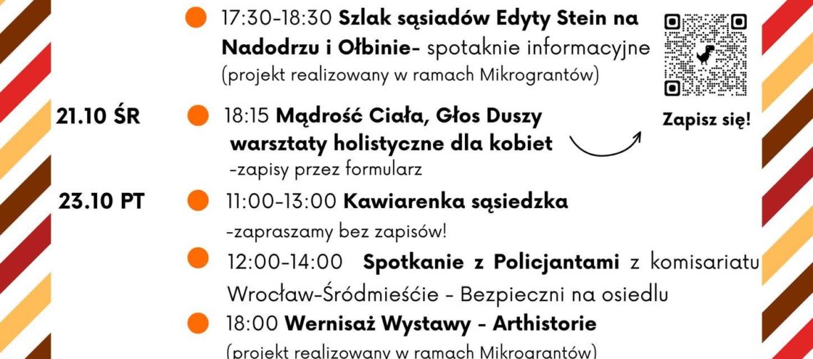 obraz tablica informacyjna białe tło na niej czarna czcionka ołbińskie centrum aktywności lokalnej wraz z opisem wydarzeń