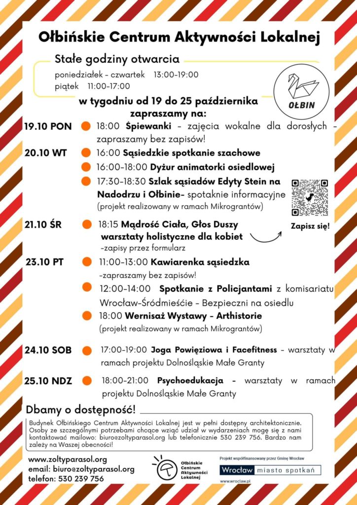 obraz tablica informacyjna białe tło na niej czarna czcionka ołbińskie centrum aktywności lokalnej wraz z opisem wydarzeń