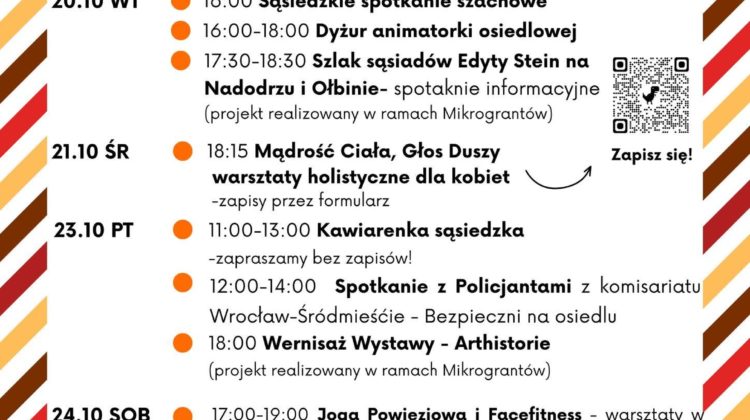 obraz tablica informacyjna białe tło na niej czarna czcionka ołbińskie centrum aktywności lokalnej wraz z opisem wydarzeń