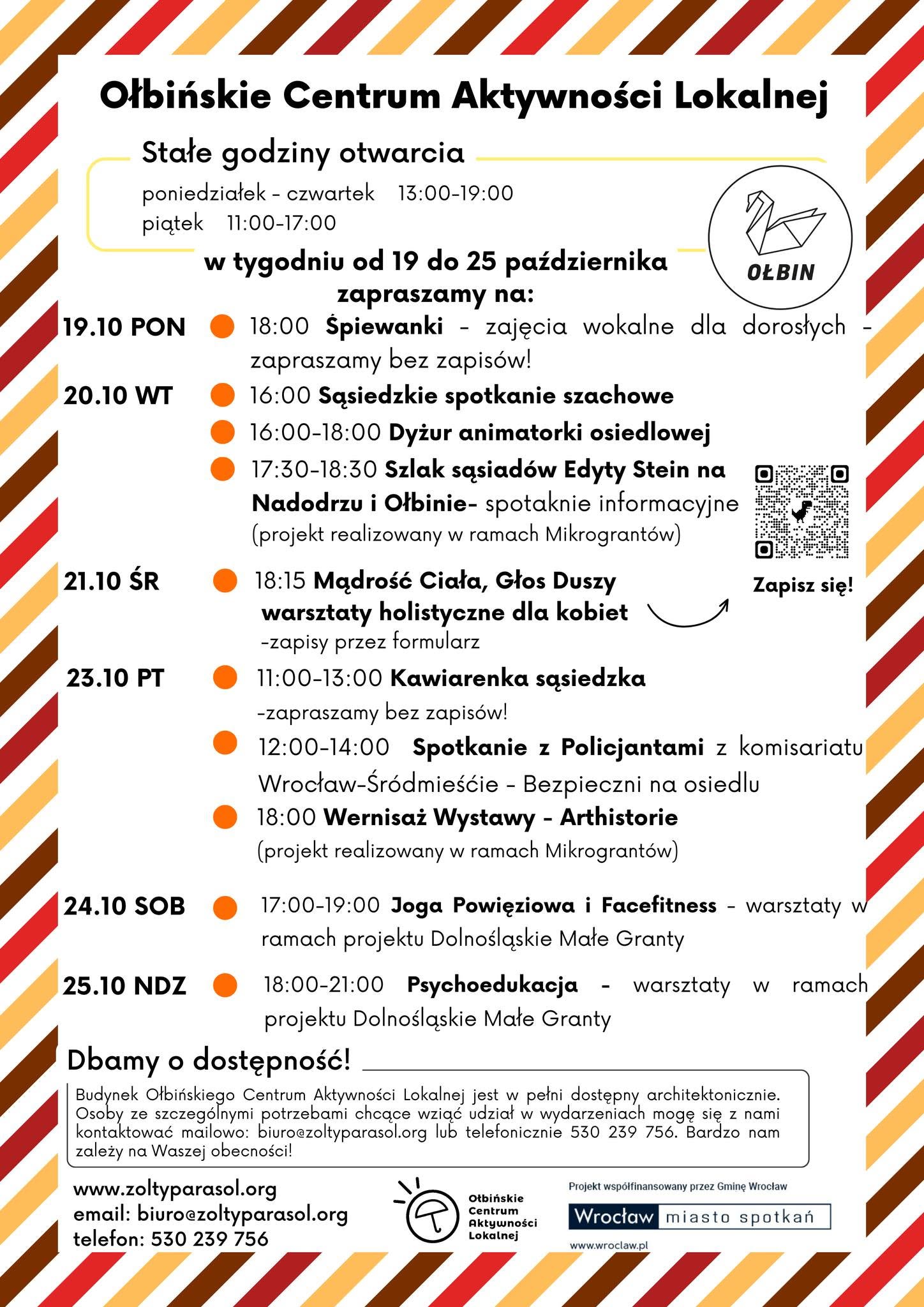 obraz tablica informacyjna białe tło na niej czarna czcionka ołbińskie centrum aktywności lokalnej wraz z opisem wydarzeń