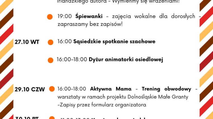 obraz tablica informacyjna białe tło na niej czarna czcionka ołbińskie centrum aktywności lokalnej wraz z opisem wydarzeń