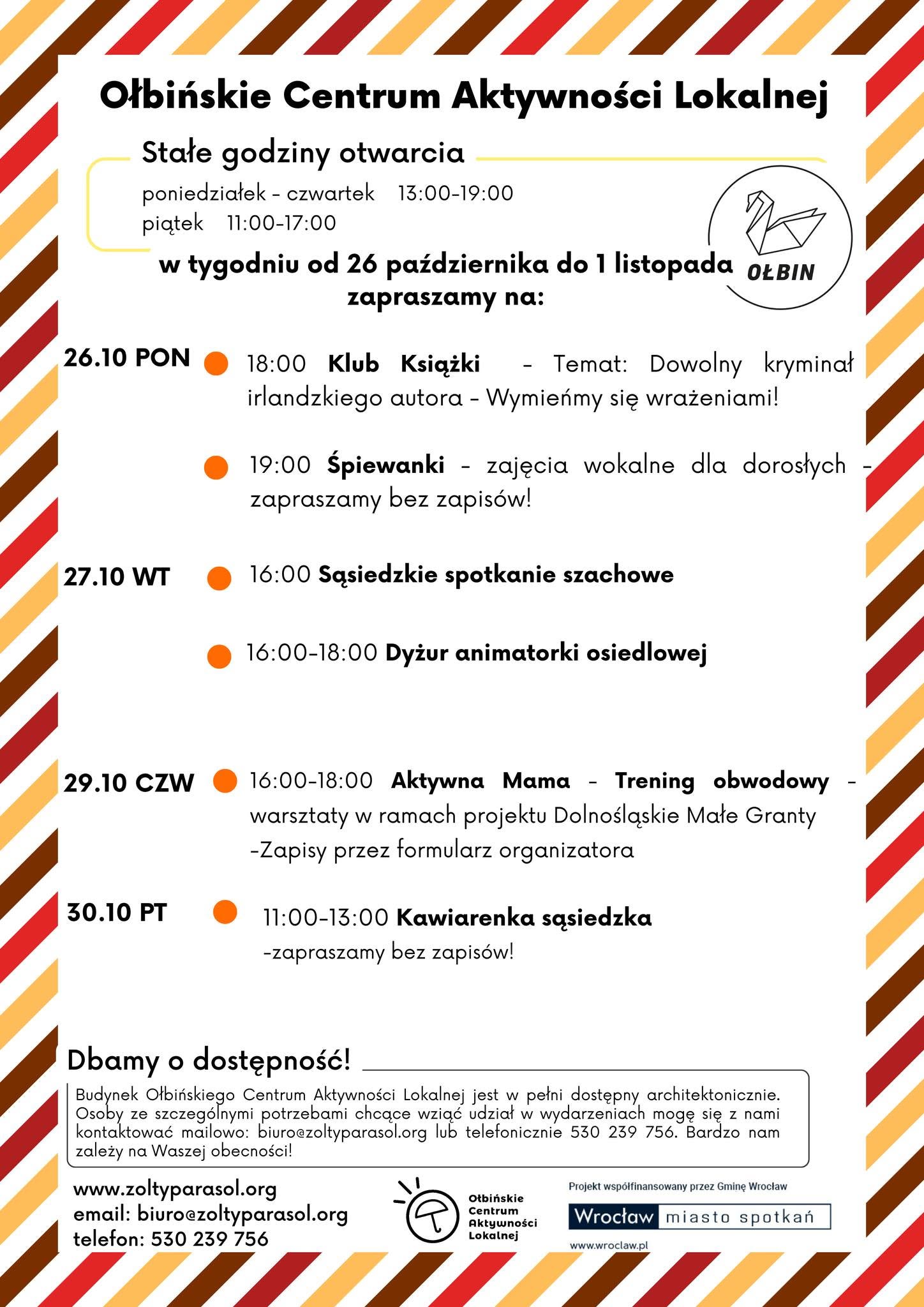 obraz tablica informacyjna białe tło na niej czarna czcionka ołbińskie centrum aktywności lokalnej wraz z opisem wydarzeń