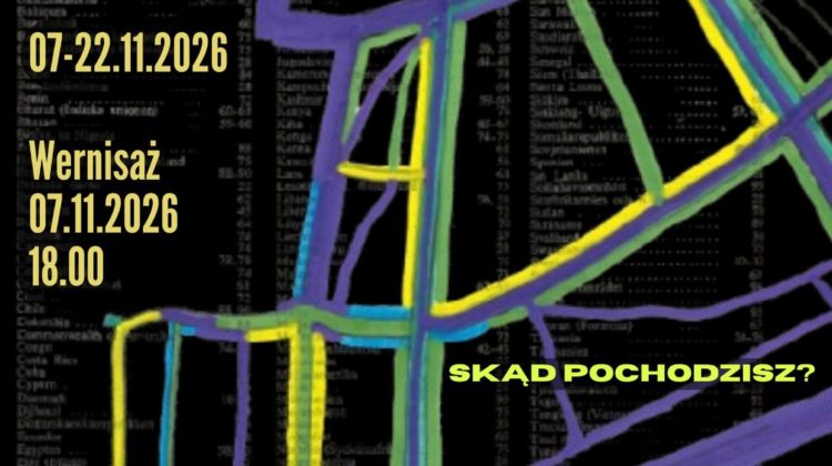 Plakat wystawy sztuki z czarnym tłem i kolorowymi liniami przypominającymi schematyczną mapę ulic w odcieniach fioletu, żółci, zieleni i błękitu. Tekst na plakacie: Na samej górze, na żółtym pasku: KWESTIA POCHODZENIA JEST ISTOTNA Po prawej u góry w białej ramce: Projekt współfinansowany przez Gminę Wrocław Wrocław miasto spotkań www.wroclaw.pl Na lewej stronie, dużymi czerwonymi literami: Wystawa Indywidualna Kacpra Kapiwąsa Niżej, żółty tekst: 07-22.11.2026 Jeszcze niżej, żółty tekst: Wernisaż 07.11.2026 18.00 Po prawej, na środku plakatu, żółty tekst: SKĄD POCHODZISZ? Na dole, dużymi żółtymi literami: Ołbińskie Centrum Aktywności Lokalnej ul. Prusa 37-39, Wrocław Na samym dole znajdują się logotypy trzech organizacji/partnerów: po lewej okrągły ornament, obok czerwone logo z napisem „Młodzi Aktywni Młodej Polski”, pośrodku niebiesko-czarne logo Ołbińskie Centrum Aktywności Lokalnej, po prawej niebieskie logo z napisem: ŻÓŁTY PARASOL i partnerzy